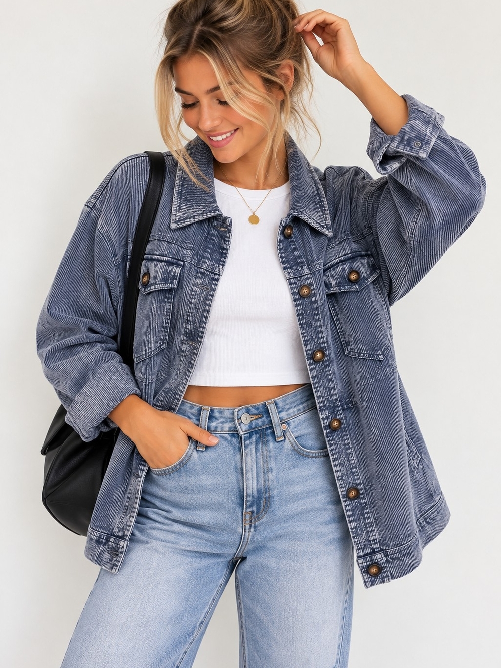Like Love Womenās Corduroy Shacket Jacket Washed Out Blue Button Front Size L